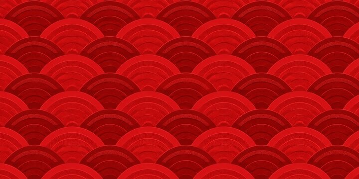 Repeating red scalloped waves with dark ornamental arches across a wide background
