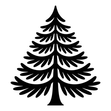 Evergreen tree with layered branches is depicted as a black silhouette