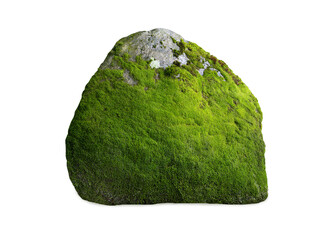 Natural stone boulder covered with green moss on white background © fotomaster