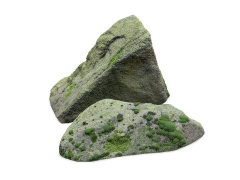Two natural mossy granite stones isolated on white background