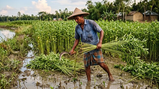 Farmer harvesting jute plants in a muddy field with a sickle and traditional hat