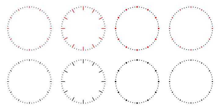 Collection of eight circular clock face markers and watch dial ticks in red and black isolated on transparent background