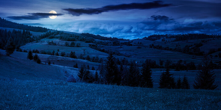 rural fields on rolling hills at night. full moon over green countryside scenery in early autumn. beautiful mountain landscape. backdrop for fiction art or mystery concept