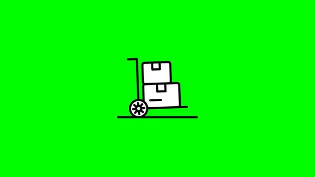 Warehouse Trolley Handtruck Rolling with Stacked Cargo Crates Minimalist Line Art 4K Loop on Green Screen Chroma Key