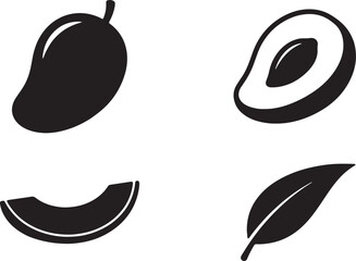 Set of black and white mango fruit icons featuring whole slices and leaves © Sumon90cs