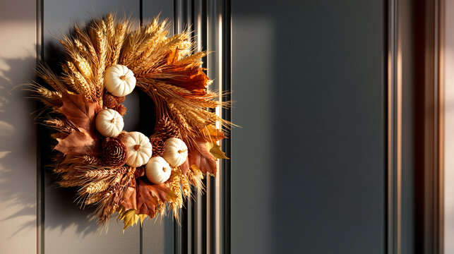 Premium Thanksgiving hospitality background with luxury autumn wreath on modern front door with copy space