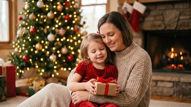 Mother and daughter share a loving moment while exchanging gifts near a decorated christmas tree