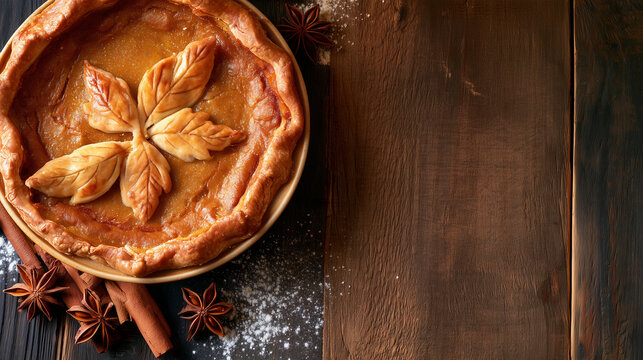 Premium Thanksgiving food background with homemade pumpkin pie and copy space on wooden table