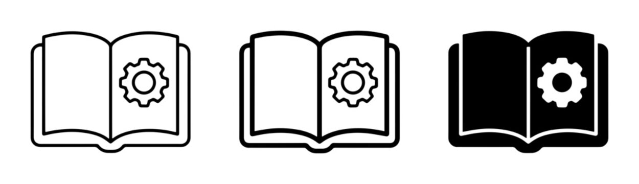 Instruction Manual Icons, Open Book with Gear Symbol, Technical Guide, Service Handbook, Setup Guide, Vector Set