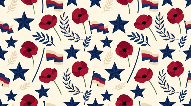 pattern design, a seamless pattern featuring red poppies, stars, laurel leaves, and flags
