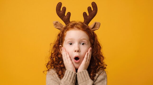Surprised young girl wearing reindeer antlers with hands on cheeks