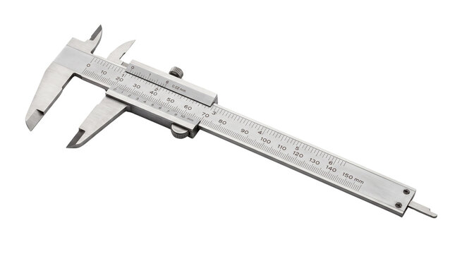 Precision vernier caliper metal measuring tool, stainless steel gauge ruler, engineering instrument for accuracy isolated PNG with Transparent Background