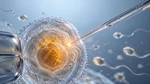 Illustration showing microscopic fertilization process where medical needle performs intracytoplasmic sperm injection into mature egg cell for reproduction study.