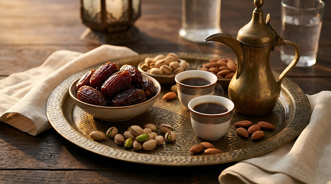 Ramadan dates and coffee with nuts on brass tray for iftar celebration