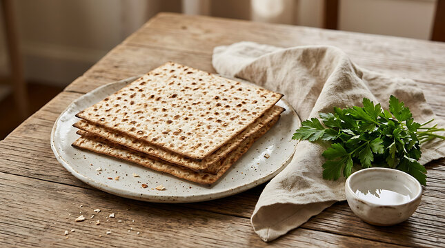 Matzah bread on plate with parsley and salt water for Passover seder