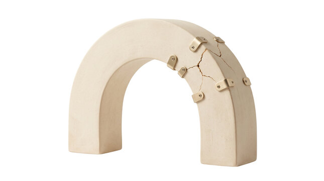 Minimalist beige arch sculpture with brass metal brackets, conceptual cracked ceramic arch for resilience and repair, modern design object isolated PNG with Transparent Background