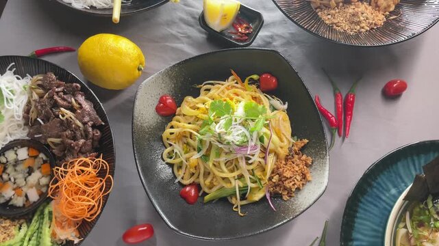Stylish Thai breakfast. Bun Cha Ha Noi, Udon Kari, Pad Thai, Bun Nem Lui, Bum Bo Num Bo and Ramen on table. Elegant dish featuring fried egg and nuts. Casual style Thai noodle with toppings and lemon