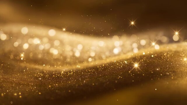 Golden glitter particles sparkle against dark background with warm light, glowing bokeh, shimmering waves, and radiant stars for elegant festive
