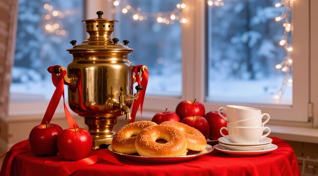 Nostalgic cozy still life of a vintage brass samovar with red ribbons and bagels. Red tablecloth with apples and cups. Snowy window background.
