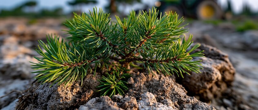Young Pine Tree Sapling Growing in Soil Field