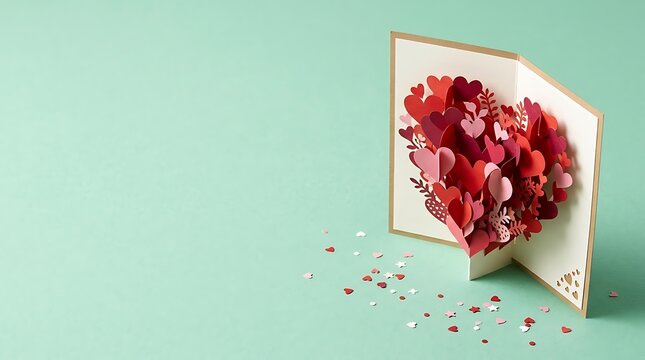 A beautiful open greeting card with a red paper heart pop up for valentine's day celebration