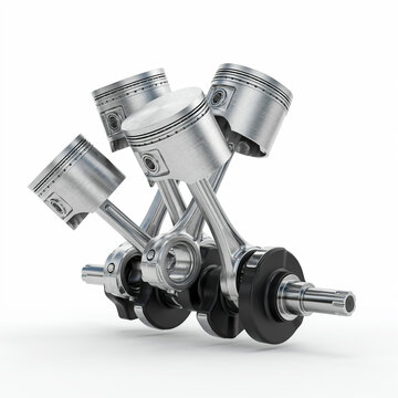 Internal combustion engine pistons and crankshaft isolated on white