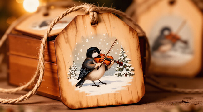 Artistic macro shot of a vintage wooden Christmas tag with a bird playing a violin in the snow. Warm craft room background. Nostalgic holiday art.

