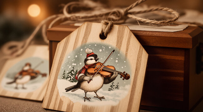 Artistic macro shot of a vintage wooden Christmas tag with a bird playing a violin in the snow. Warm craft room background. Nostalgic holiday art.
