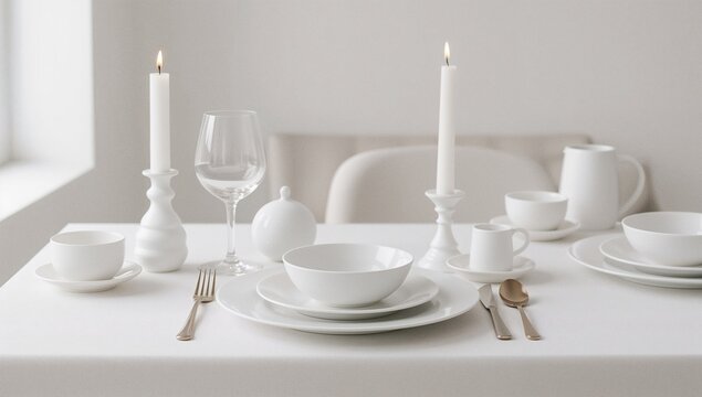 A simple table setting with a candle and dishes for a quiet evening or romantic dinner