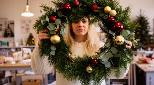 Candid lifestyle photography of a woman holding a large festive wreath with pine, eucalyptus, and red baubles. Blurred craft room background. Holiday DIY.
