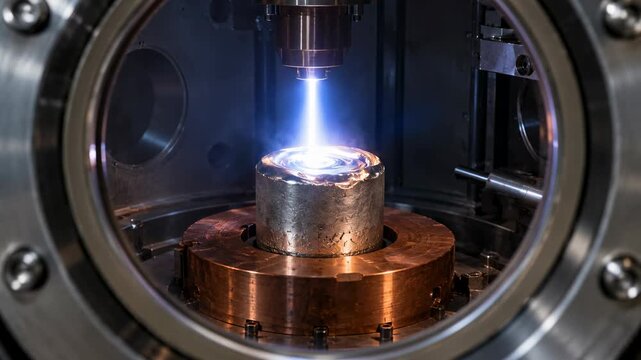 Industrial Plasma Treatment and Precision Laser Welding of Metal Components Inside Vacuum Chamber with Blue Energy Beam and Glowing Sparks
