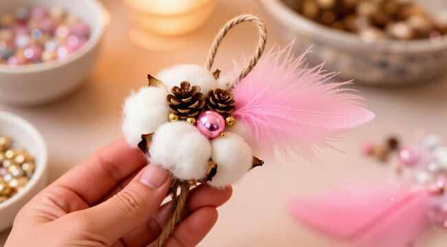 Delicate dreamy photography of a handmade ornament with cotton, pinecones, and pink beads held by a hand. Soft bokeh background. Holiday craft.
