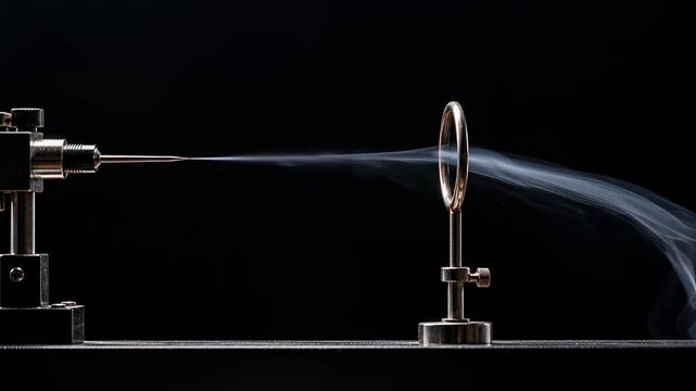 Smoke Ring Airflow Experiment Using Metal Apparatus to Create Visible Vortex Against Dark Background with Fluid Motion and Pale Smoke