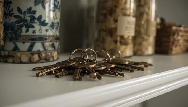 A collection of keys sitting on a shelf, useful for interior design and home decor