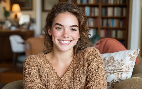 A young woman with a warm smile sits comfortably on a couch in a cozy living room, radiating happiness and contentment