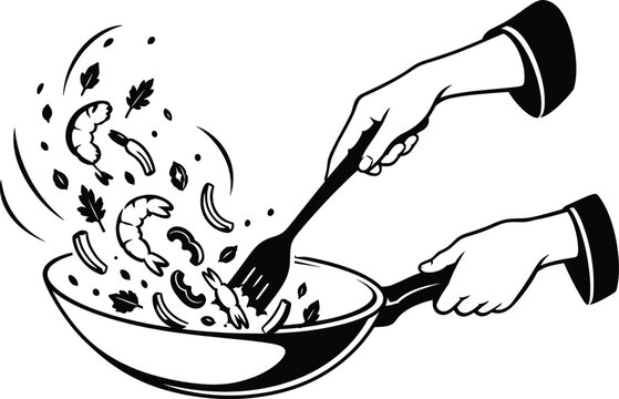 Chef Stirring Food in Frying Pan Line Art Vector Illustration Cooking Kitchen Action.
