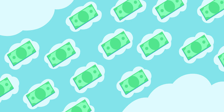 Digital illustration featuring a seamless pattern of green banknotes floating on clouds.
