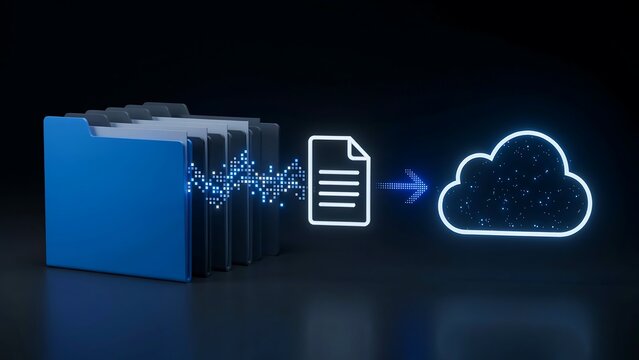Blue folder with digital data stream and cloud on a dark background, representing cloud storage, and information transfer, for modern business