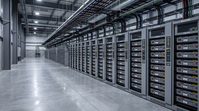 Data Center UPS Battery Room with Rows of Lithium Battery Racks