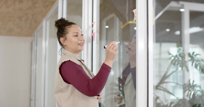 Asian woman raising marker and writing on glass partition in modern office to draft project plan