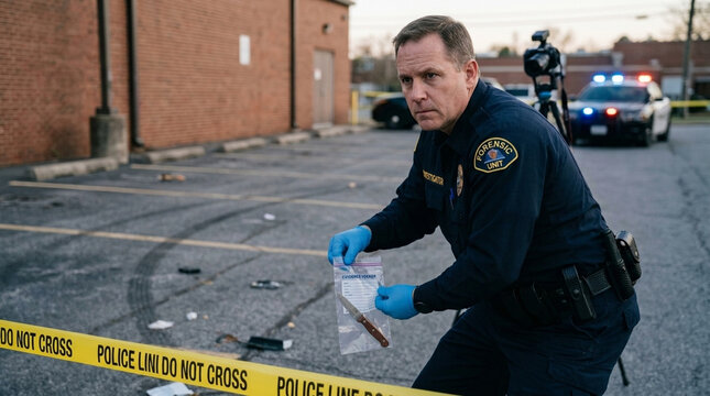 Detective Inspecting Evidence Bag with Knife at Crime Scene