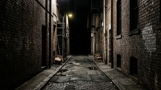 Dark urban alleyway at night brick buildings cobblestone wet pavement street light