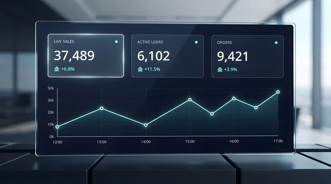 A futuristic holographic digital interface displaying complex financial data analytics charts and business growth metrics in a modern professional office environment