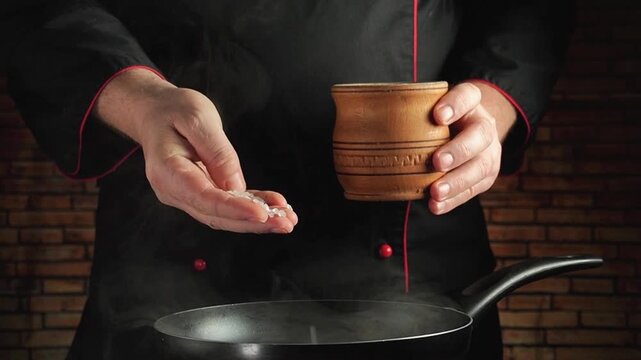Cook sprinkling seasoning into steaming pan while holding ceramic bowl in kitchen, close view of hands and cookware against brick wall