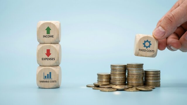 Business financial management concept with wooden blocks showing income expenses and variable costs and a hand adding a fixed costs block to coins