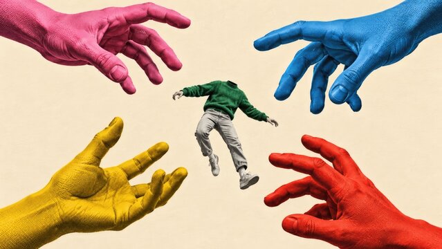 Four colorful hands reaching for a headless person mid-air, symbolizing pressure, control, or social forces affecting individuality and autonomy.