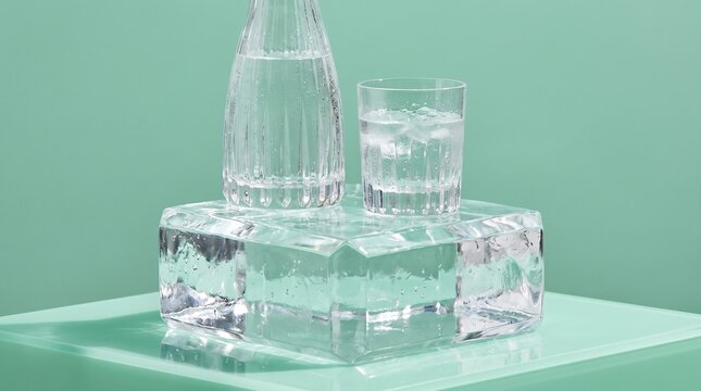 Refreshing cold drinking water served in elegant clear glass carafe and tumbler placed on large ice block studio photography