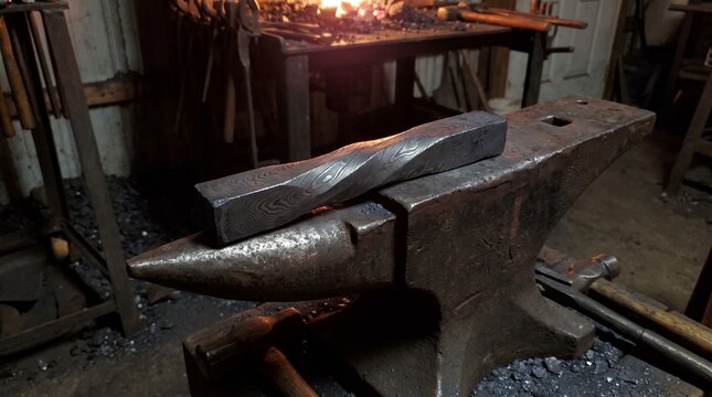 Hand forged Damascus steel billet resting upon a heavy metal anvil inside a traditional blacksmith workshop interior