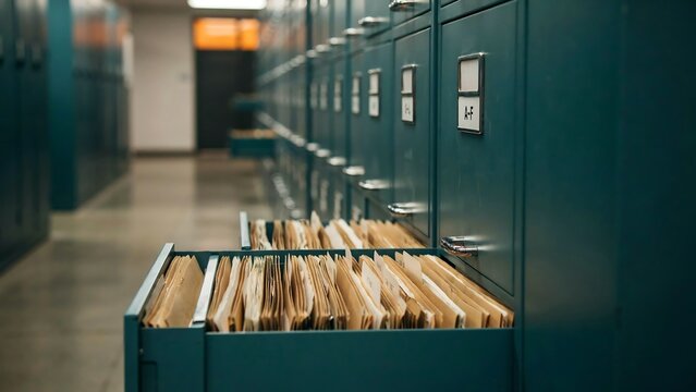 Close up of an open metal filing cabinet drawer filled with organized paper records and manila folders in a dimly lit office environment