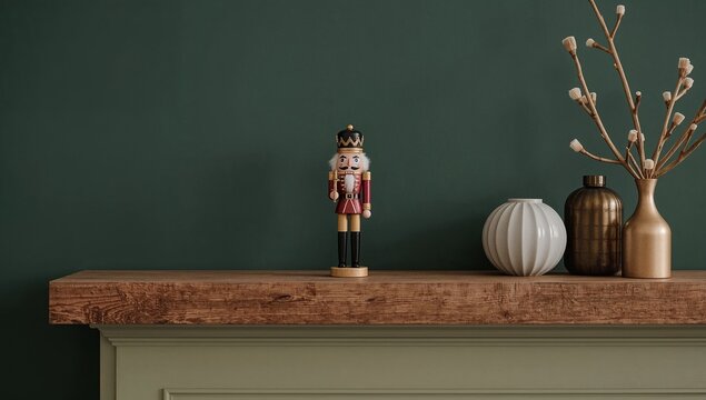 A wooden nutcracker sitting on a mantle, possibly as a decorative piece